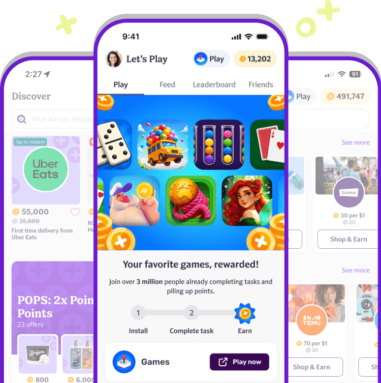 Fetch app Discover, Play and Shop screens